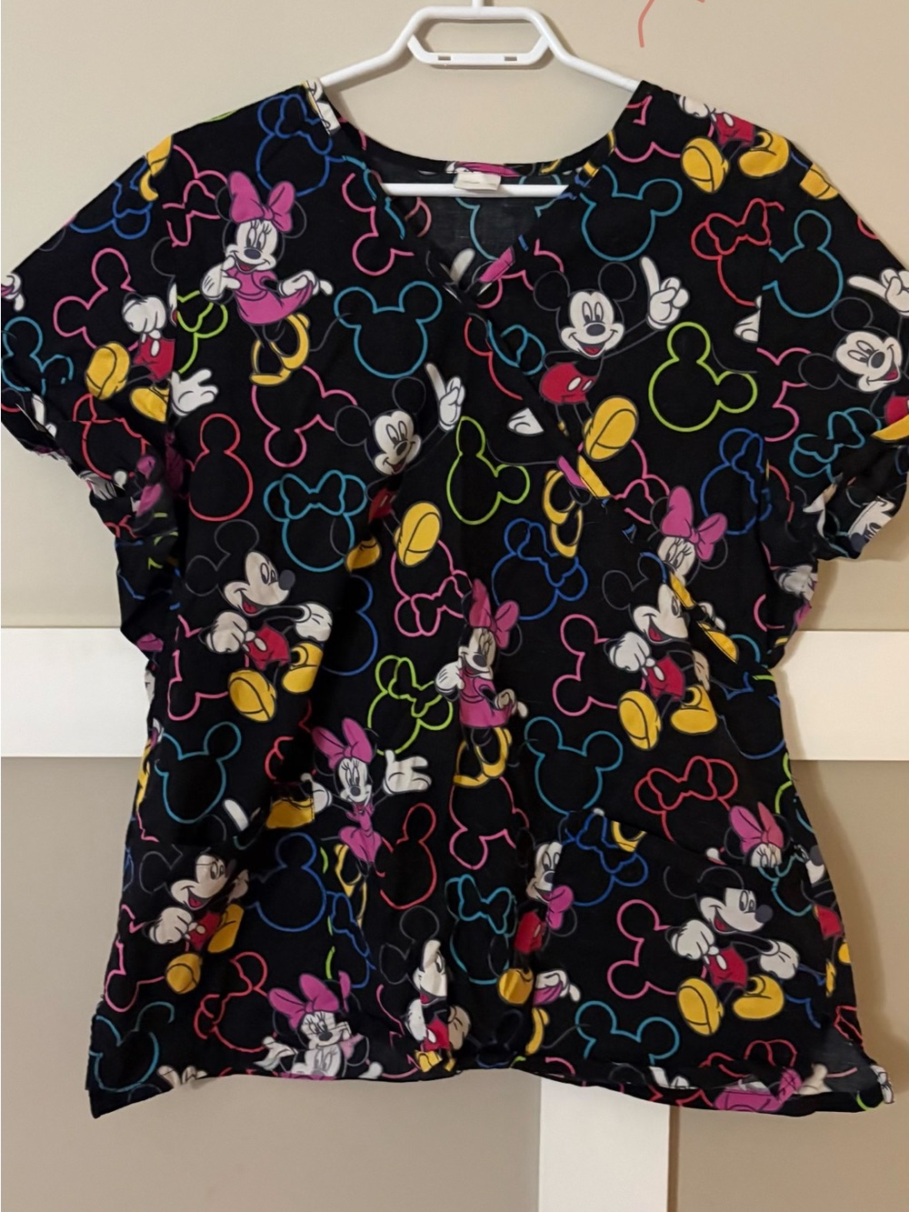 Disney Mickey & Minnie Print V-neck Scrub Top - Black with Colorful Accents